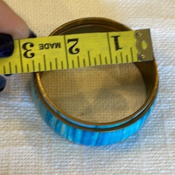 Blue natural shell wide and narrow brass bangle vintage nice quality bracelets - Picture 4 of 7